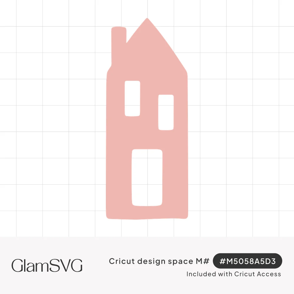 Pink narrow house silhouette with a pitched roof, small chimney, two cut-out windows and a tall cut-out door