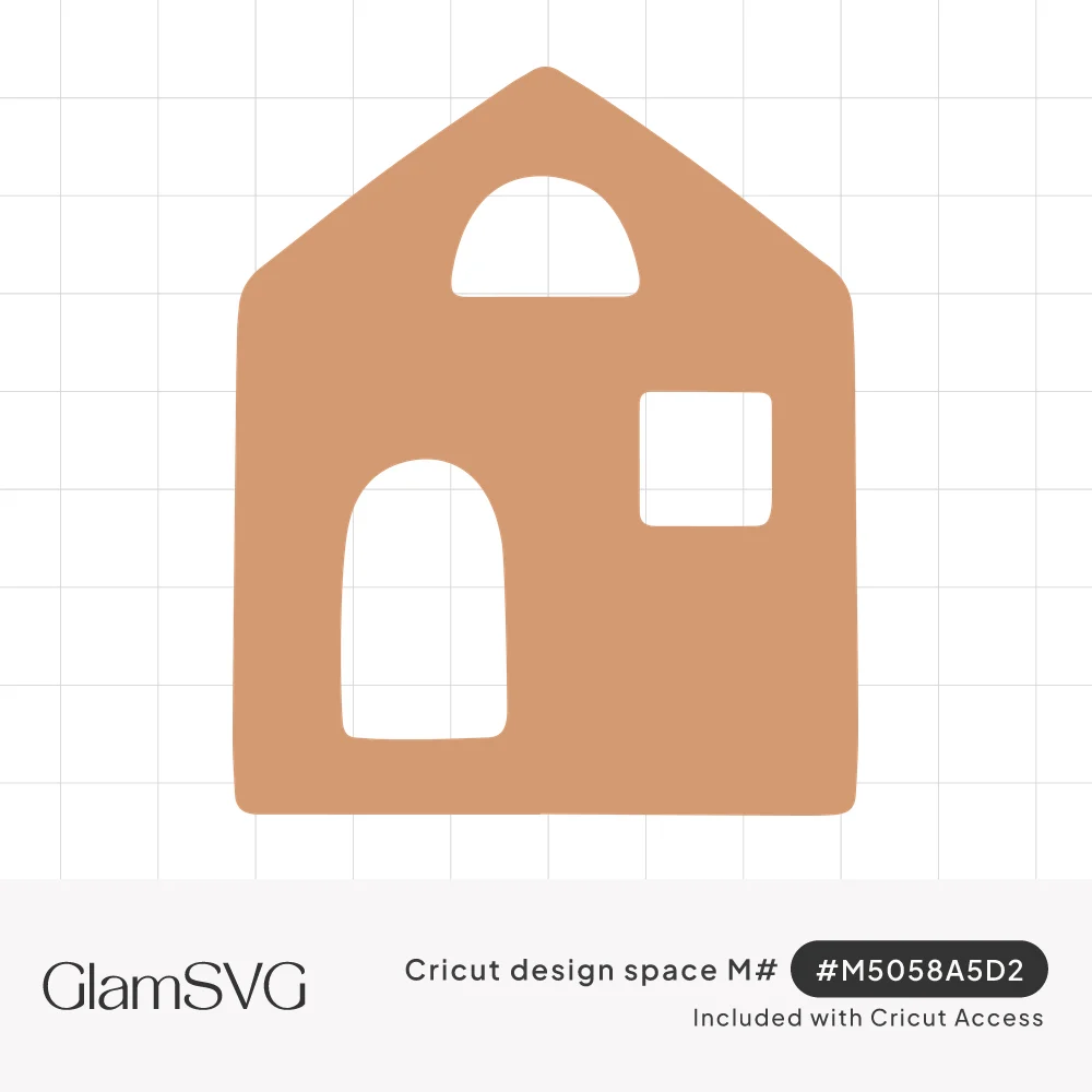 Terracotta house silhouette with a pointed roof, half-moon window, square window and arched door cut out