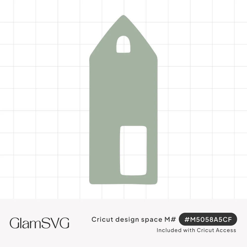 Sage green silhouette of a tall narrow house with a pointed roof, small arched window and rectangular door cutout