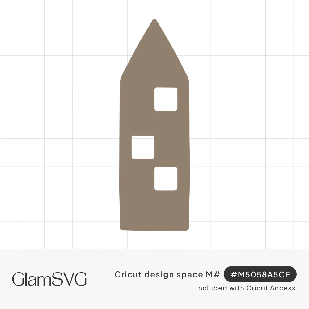 Taupe silhouette of a tall narrow house with a pointed roof and three square window cutouts