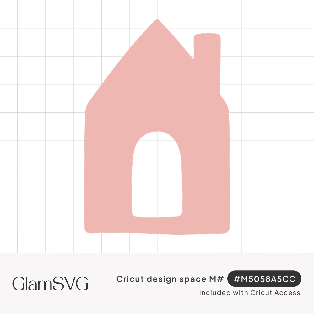 Blush pink house silhouette with a peaked roof, small chimney and arched cutout doorway on a white background
