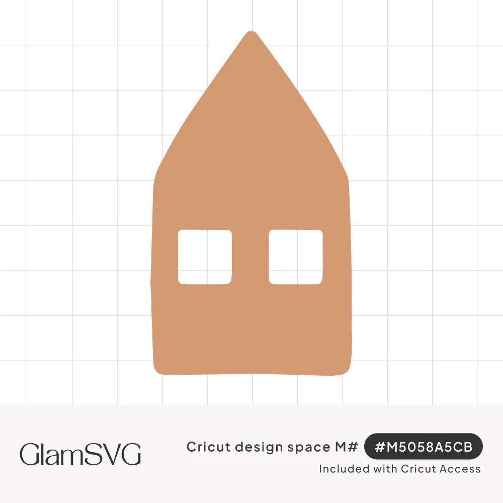 Solid terracotta house silhouette with a tall pointed roof and two square cutout windows on a white background