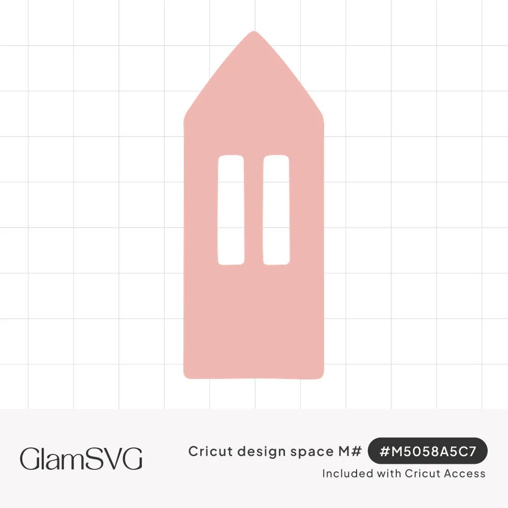 Tall narrow pink house silhouette with a pointed roof and two vertical window cutouts