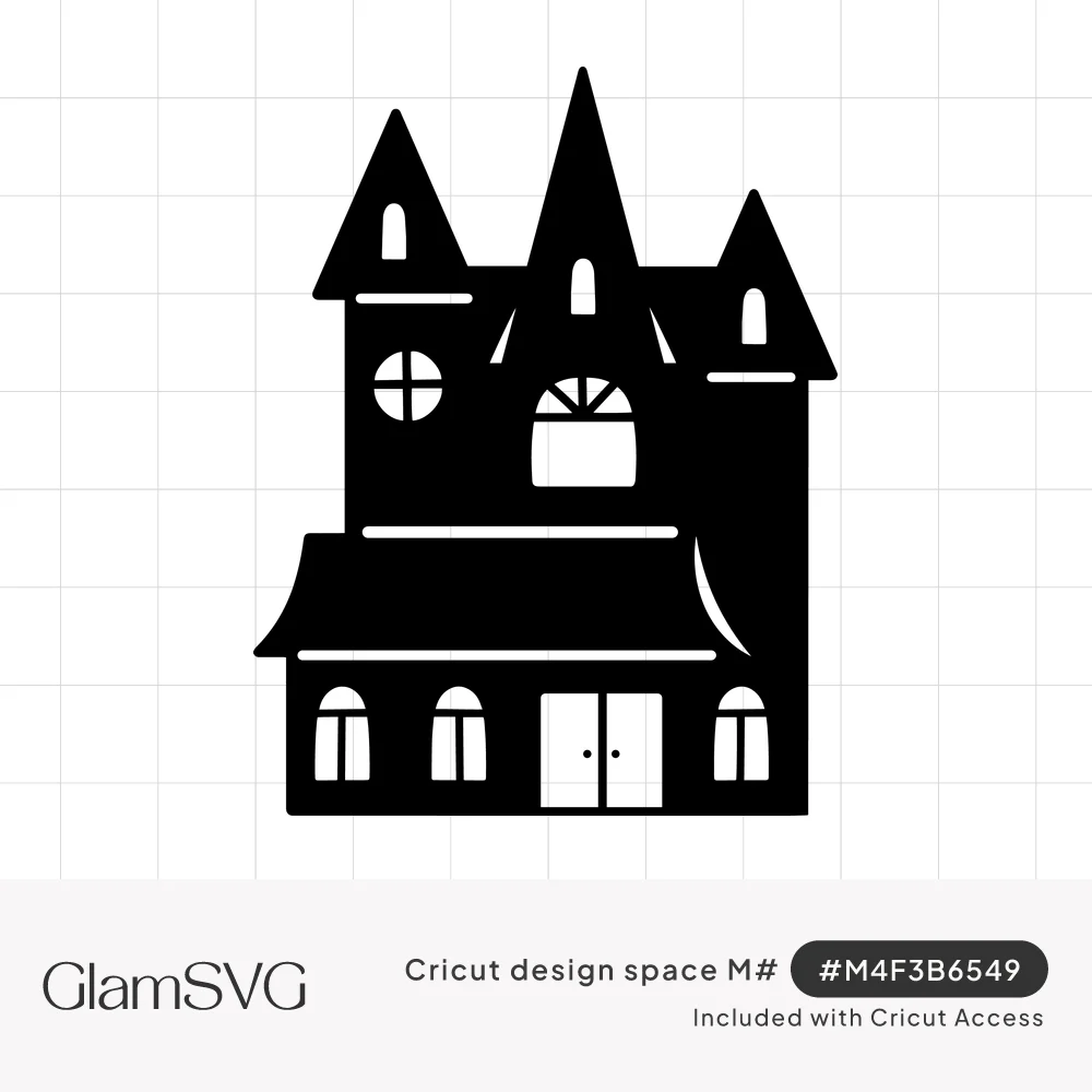 Black silhouette of a Victorian haunted house with three pointed spires, arched windows, and double front doors