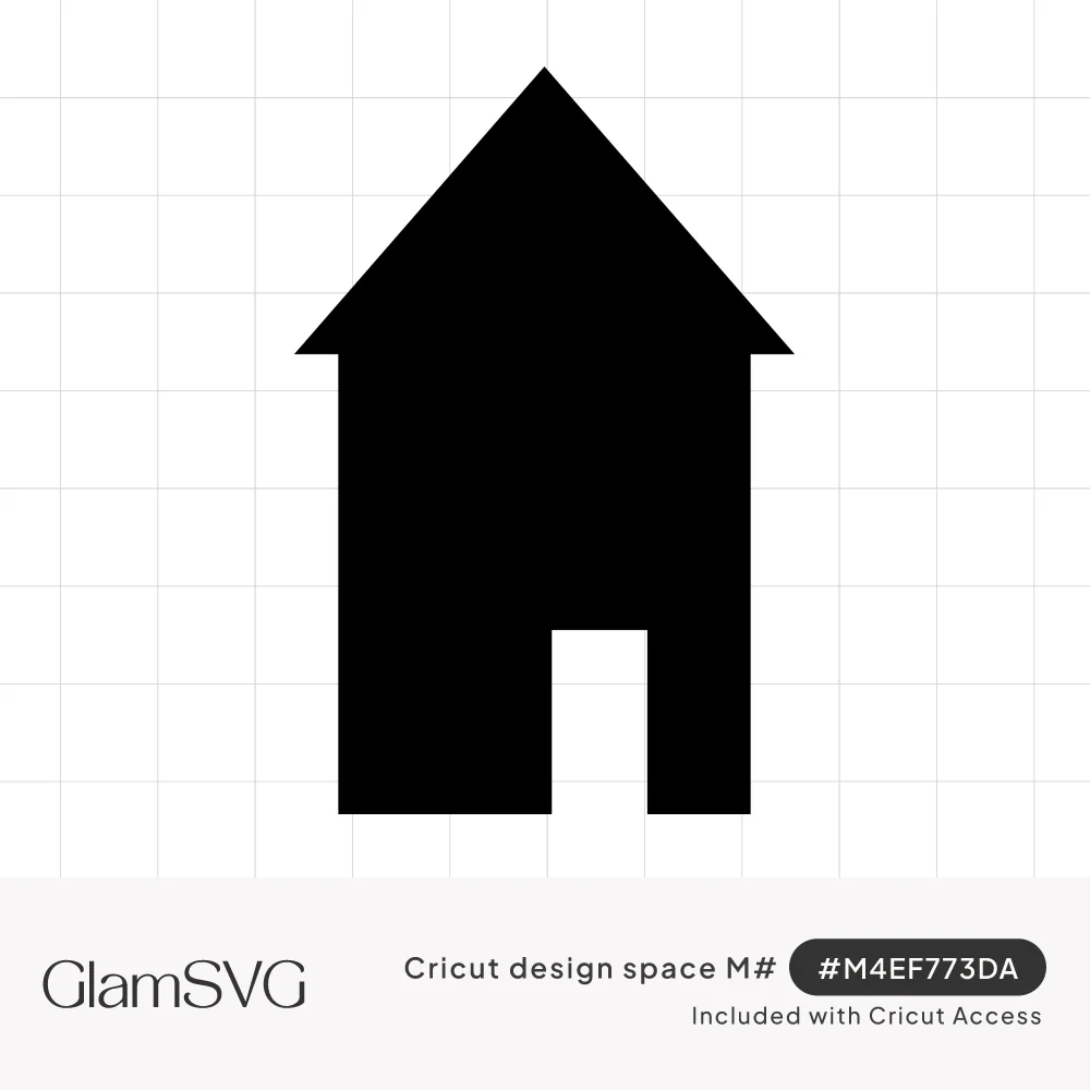 Solid black house silhouette with a pointed roof and a white rectangular doorway cut out at the bottom