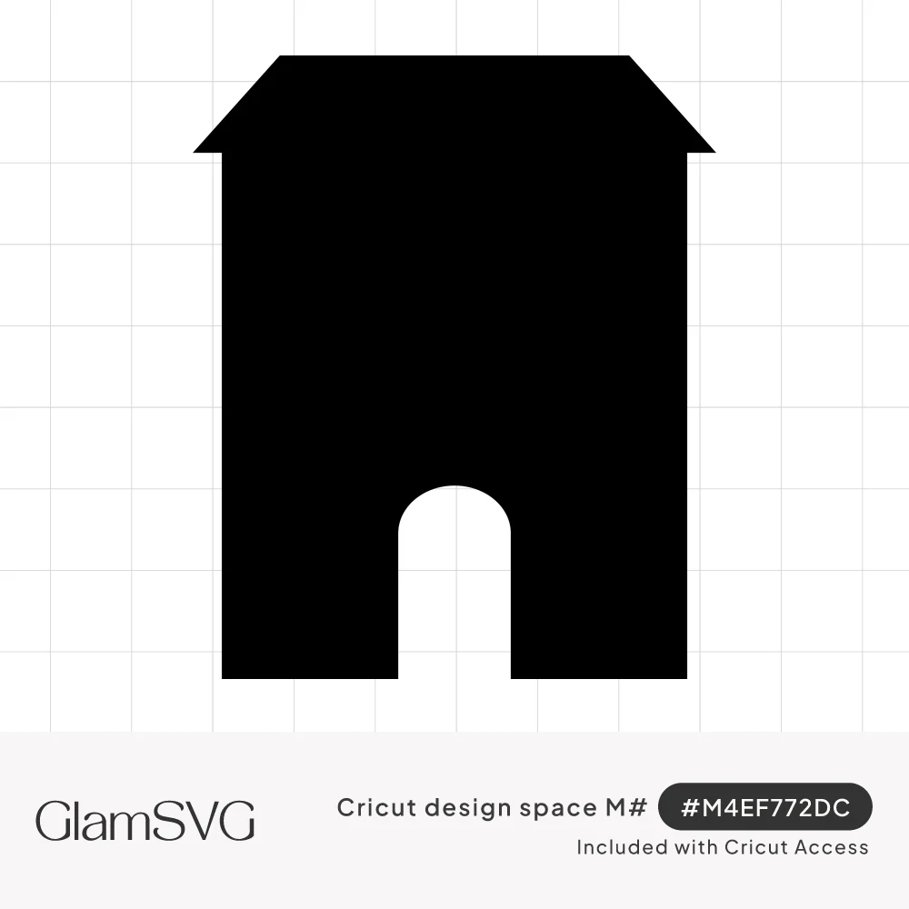 Solid black silhouette of a tall house with a flared roof and an arched doorway cut out at the bottom