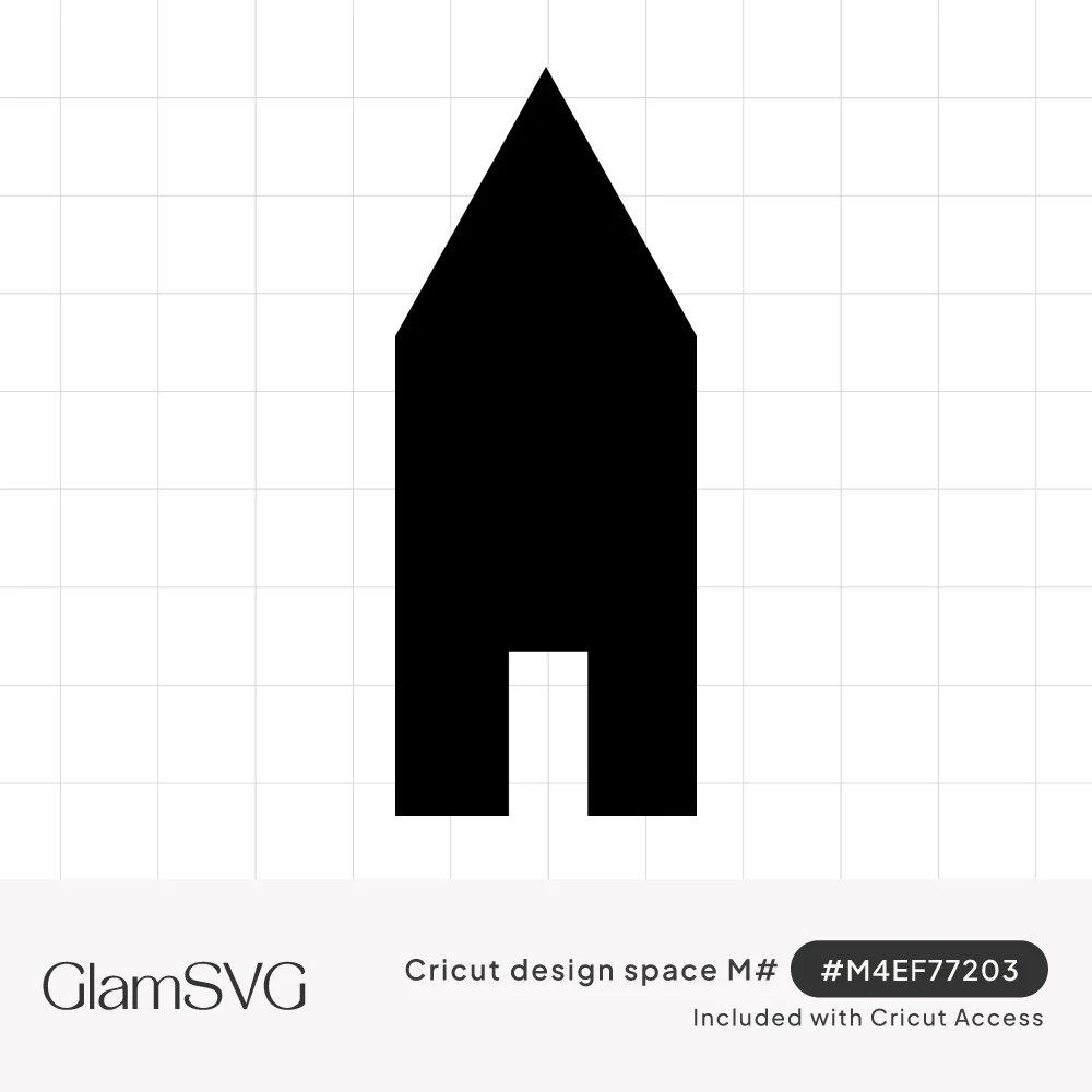 Solid black silhouette of a tall narrow house with a pointed roof and a white rectangular doorway at the bottom