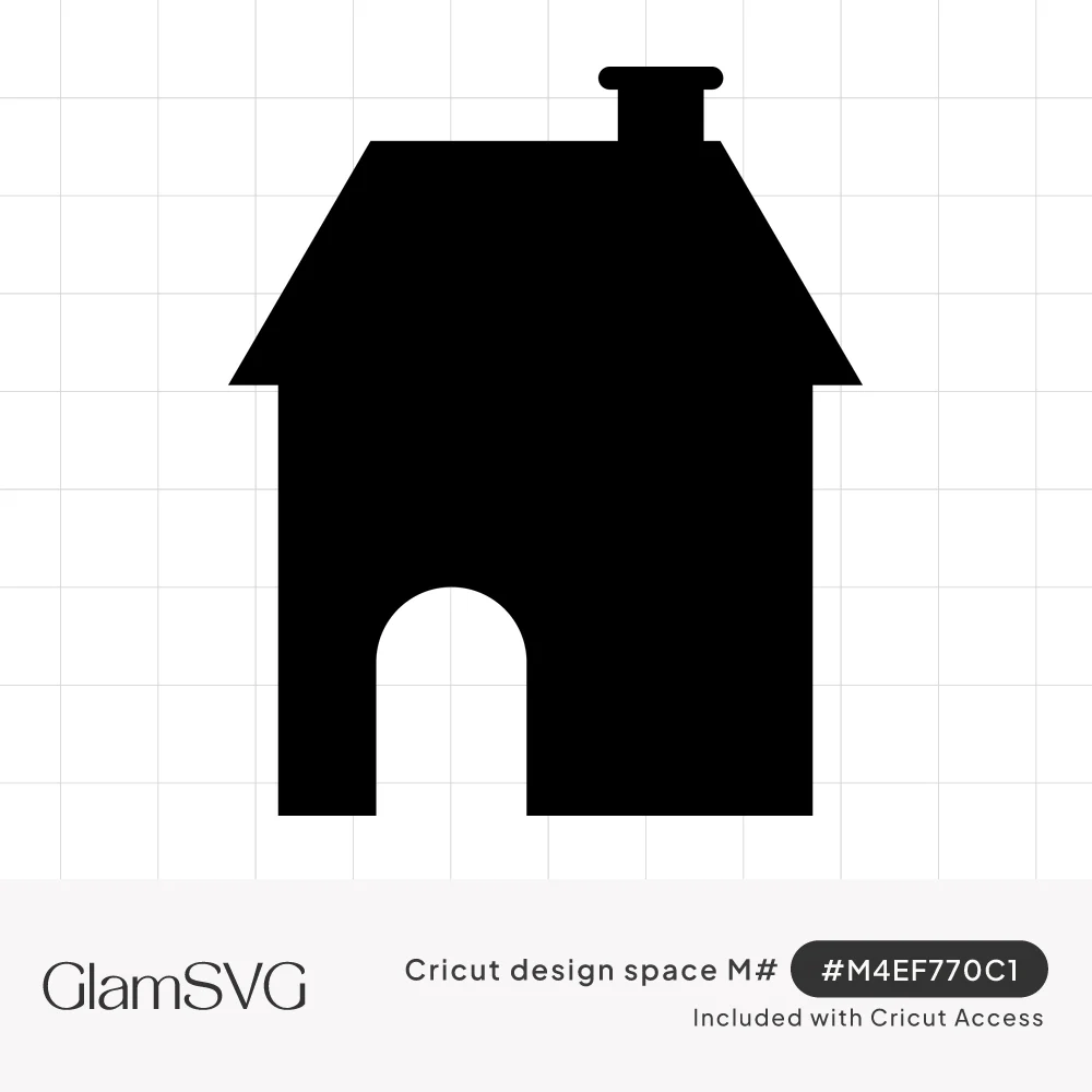 Solid black silhouette of a simple house with a pitched roof, small chimney and white arched doorway