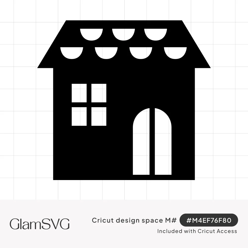 Solid black house silhouette with scalloped roof shingles, a four-pane window and an arched double door