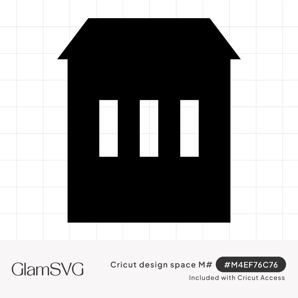 Solid black house silhouette with a sloped roof and three tall white rectangular window cutouts in the center