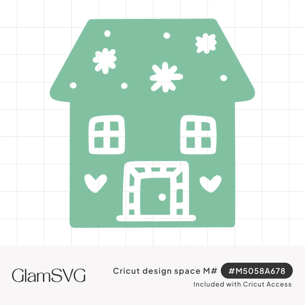 Green cottage silhouette with white snowflakes on the roof, two windows, a framed front door and two small hearts