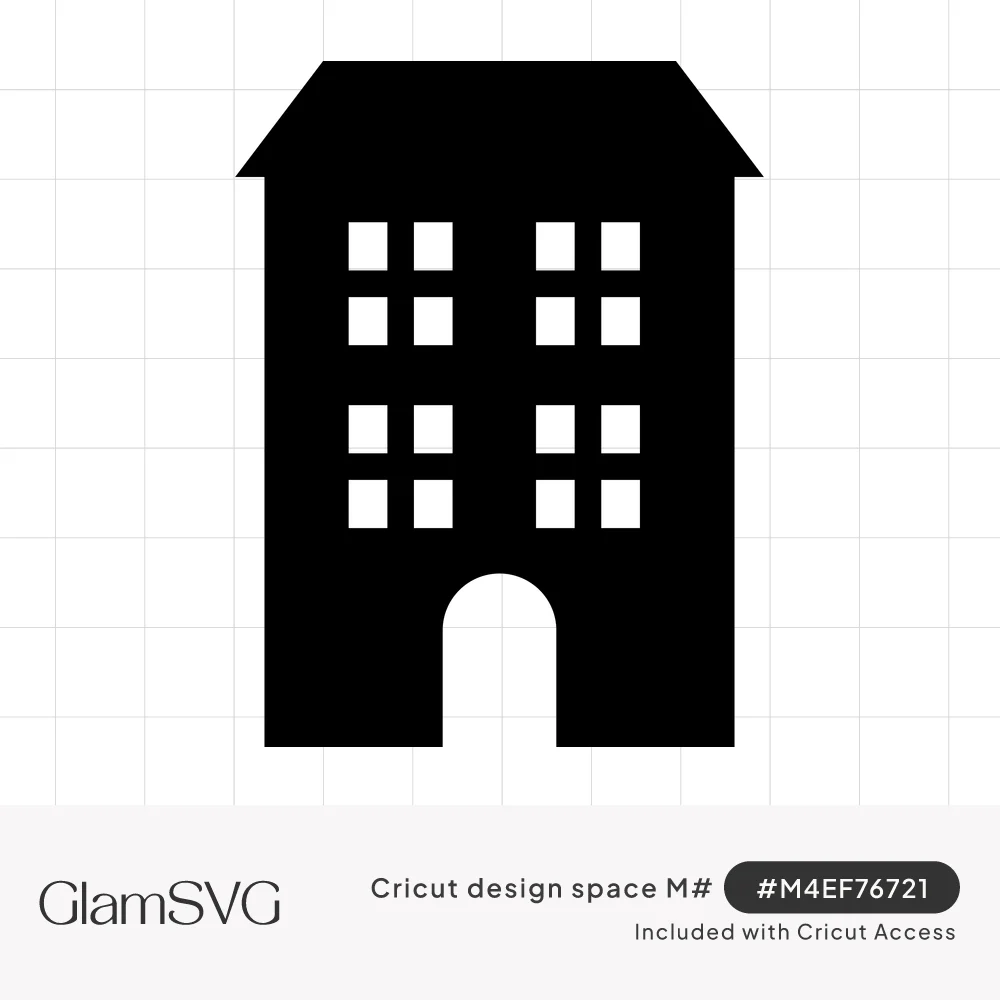 Black silhouette of a tall house with a peaked roof, square paned windows and an arched front doorway