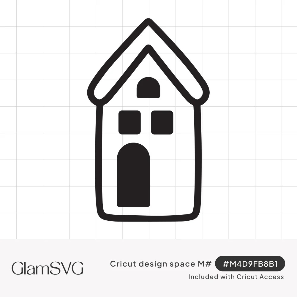 Black outline drawing of a tall narrow house with a peaked roof, arched top window, two square windows and arched door