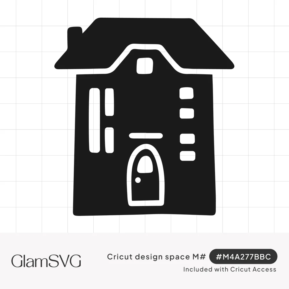 Black silhouette of a tall hand-drawn house with chimney, peaked roof, white windows and an arched front door
