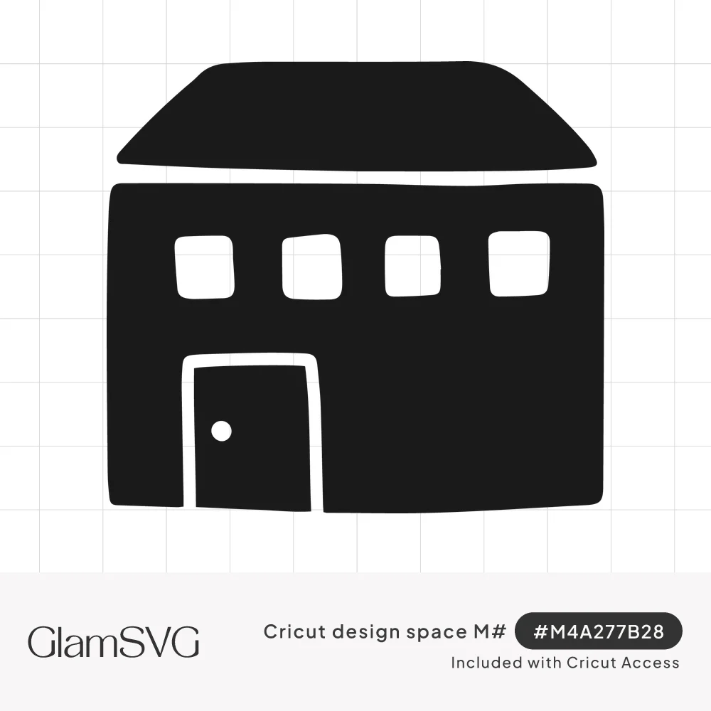 Black hand-drawn house silhouette with a sloped roof, four square windows and a white outlined door with a knob