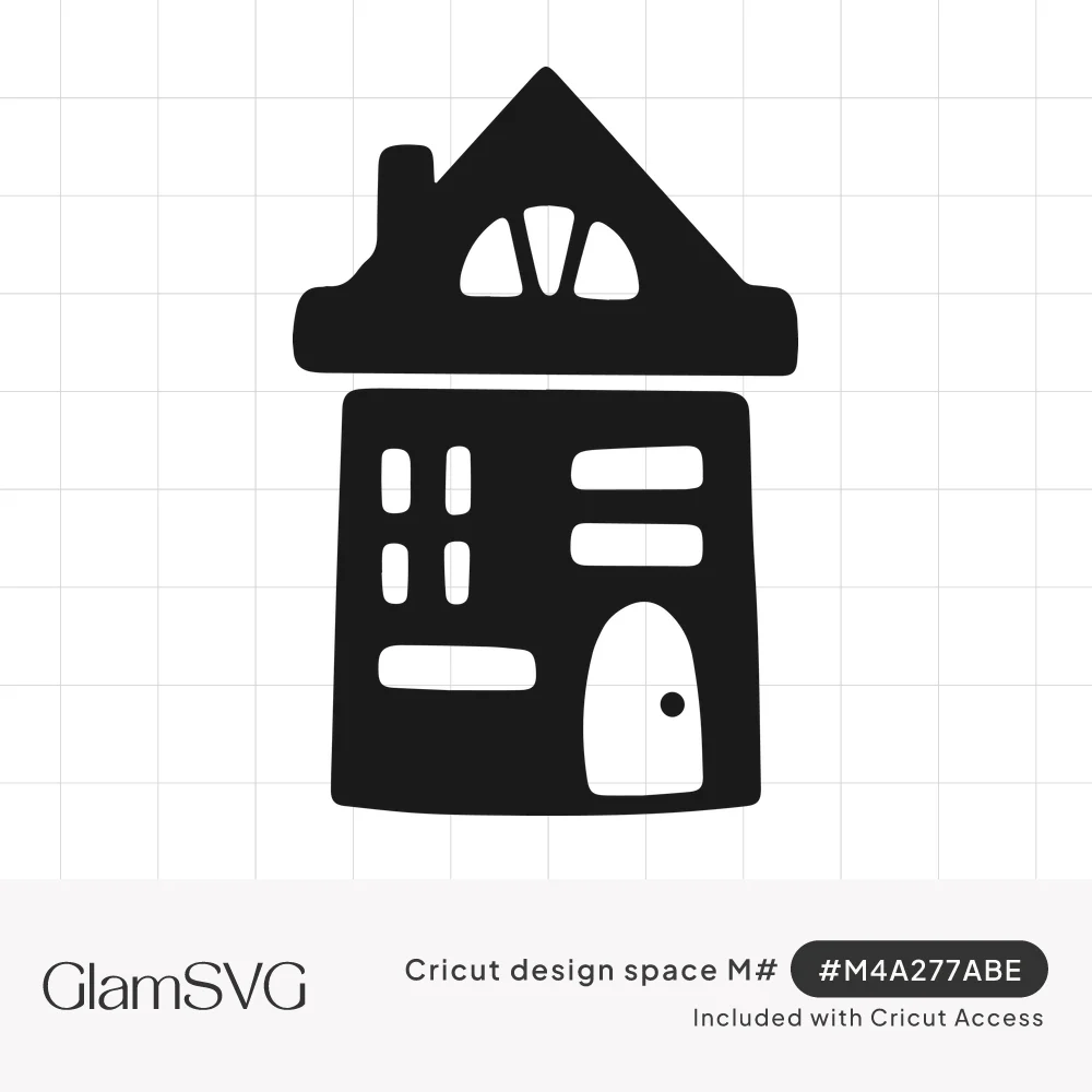 Black silhouette of a whimsical little house with a peaked roof, chimney, half-round attic window, windows and arched door
