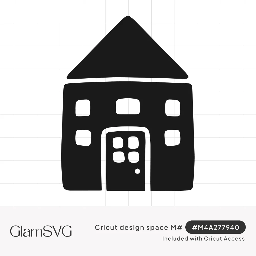 Black silhouette of a simple house with a triangle roof, five rounded windows and a front door with a small window