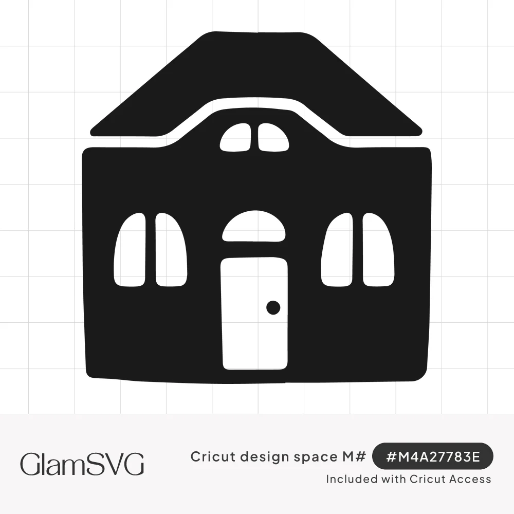 Black hand-drawn house silhouette with a sloped roof, arched white windows and a white front door with a round transom