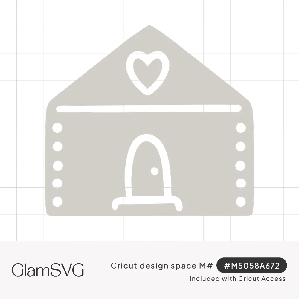 Simple house silhouette with a heart cutout in the roof, an arched door with knob, and rows of dots along both sides