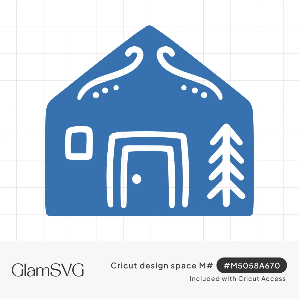 Solid blue house silhouette with white folk swirls, dots, a square window, a framed door and a pine tree