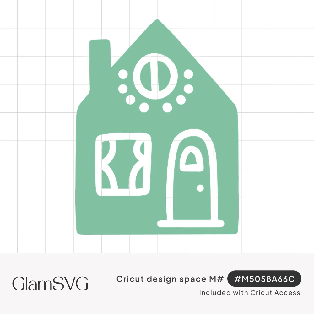 Sage green house silhouette with chimney, round attic window, curtained window and arched door in white line details