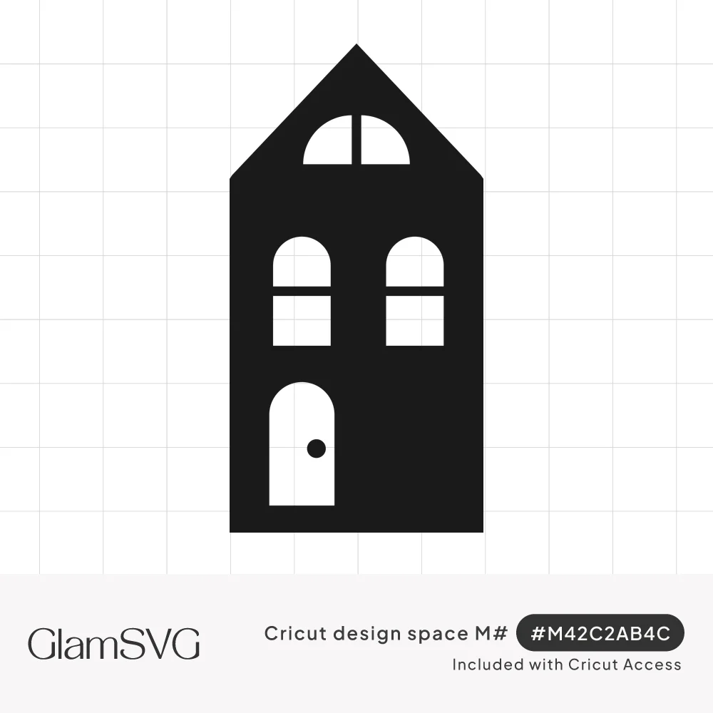 Black silhouette of a tall narrow house with a pointed roof, half-moon attic window, two arched windows and a rounded door