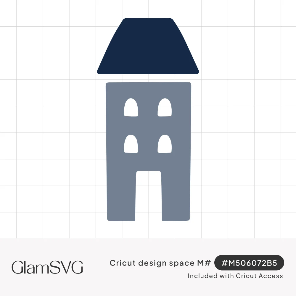 Simple tall townhouse with a dark navy roof, gray walls, four arched windows and a rectangular door