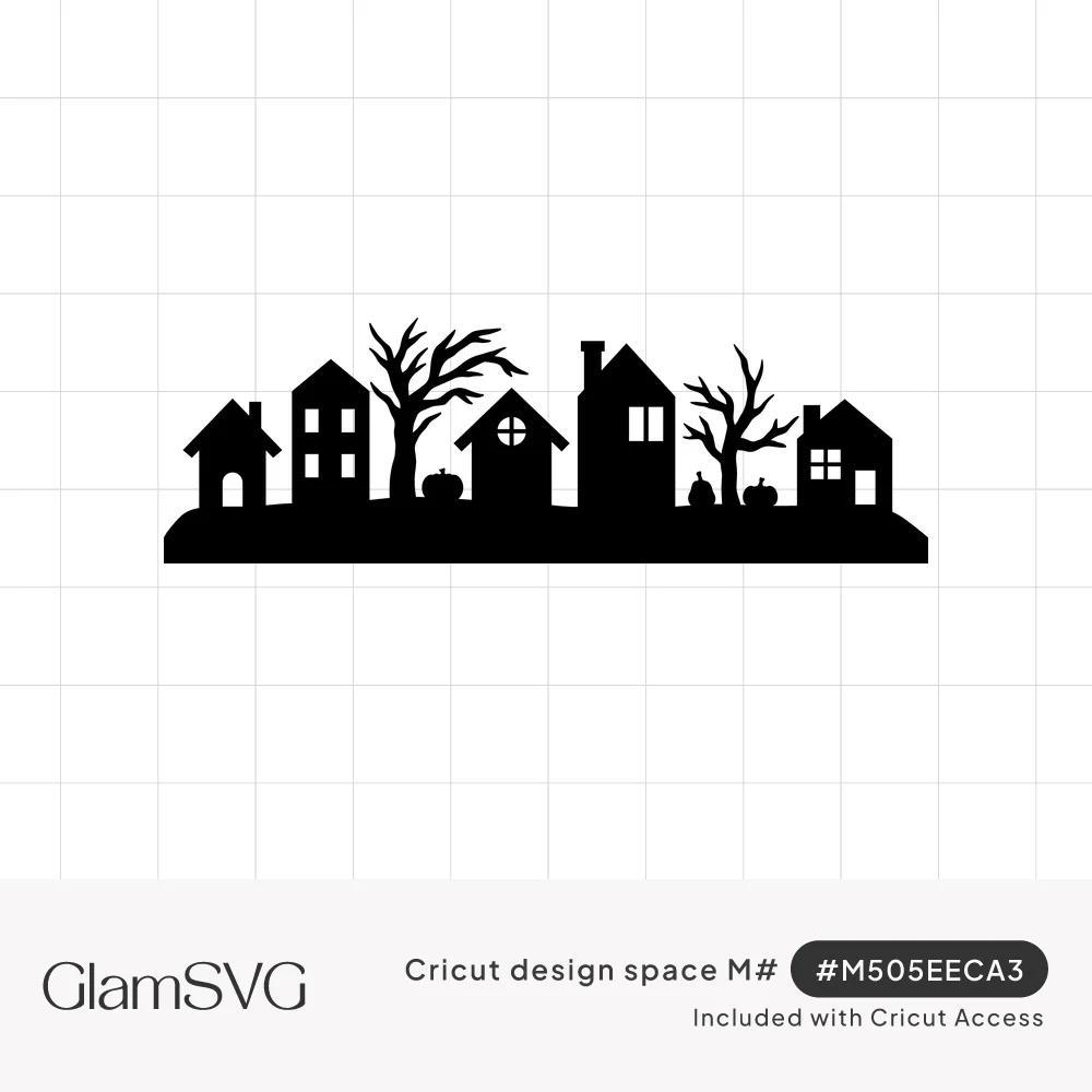 Black silhouette of a row of small houses with bare spooky trees and little pumpkins along the ground