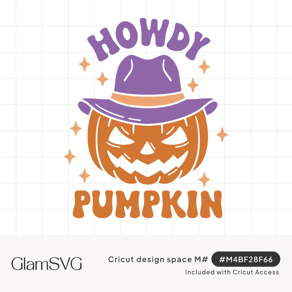 Orange jack-o'-lantern wearing a purple cowboy hat with sparkles and retro text reading Howdy Pumpkin