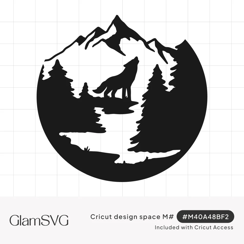 Black circular silhouette of a wolf howling on a ledge above a winding river, with pine trees and mountain peaks