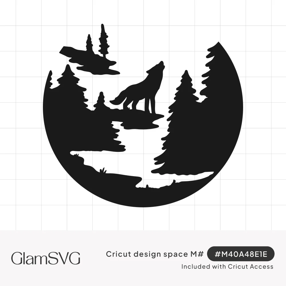 Black circular silhouette of a wolf howling on a ledge among pine trees with a winding river below