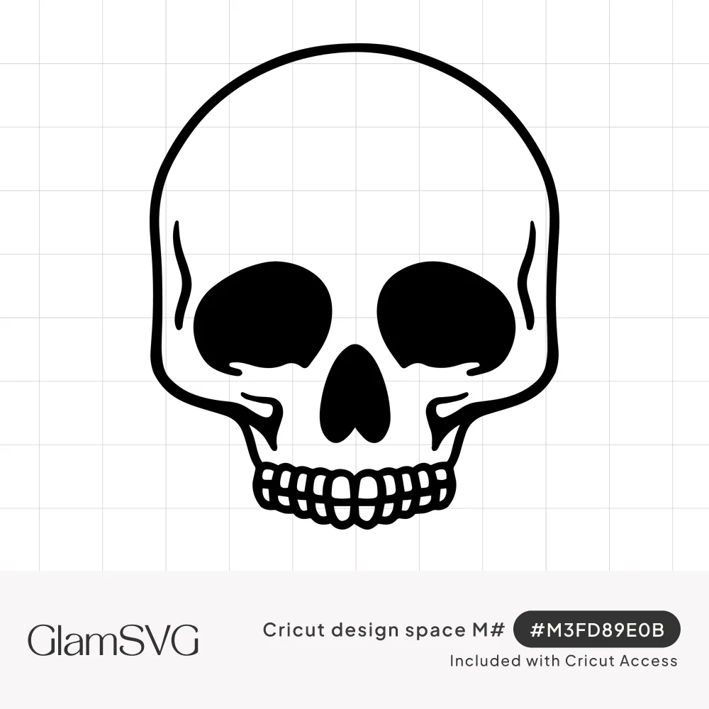 Black line drawing of a front-facing human skull with solid black eye sockets, nose cavity and a row of teeth