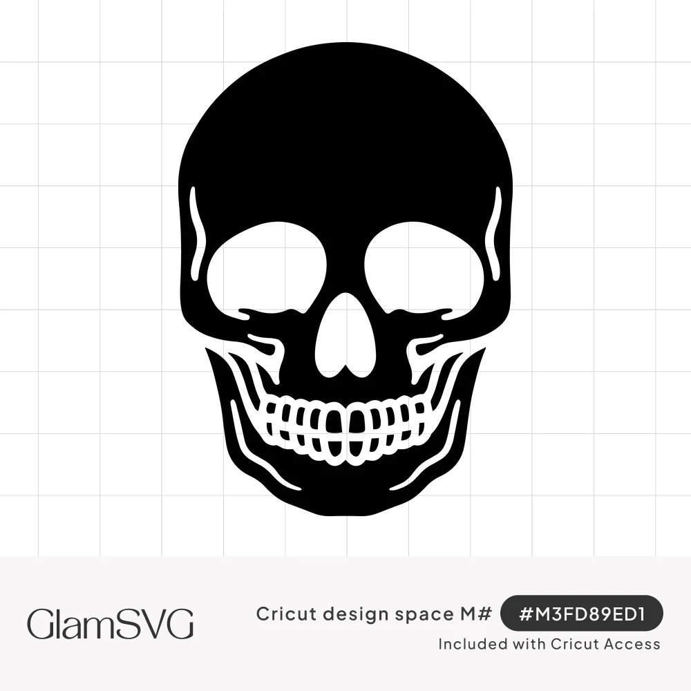 Front-facing black human skull silhouette with white eye sockets, nose cavity, cheekbones and a full row of teeth