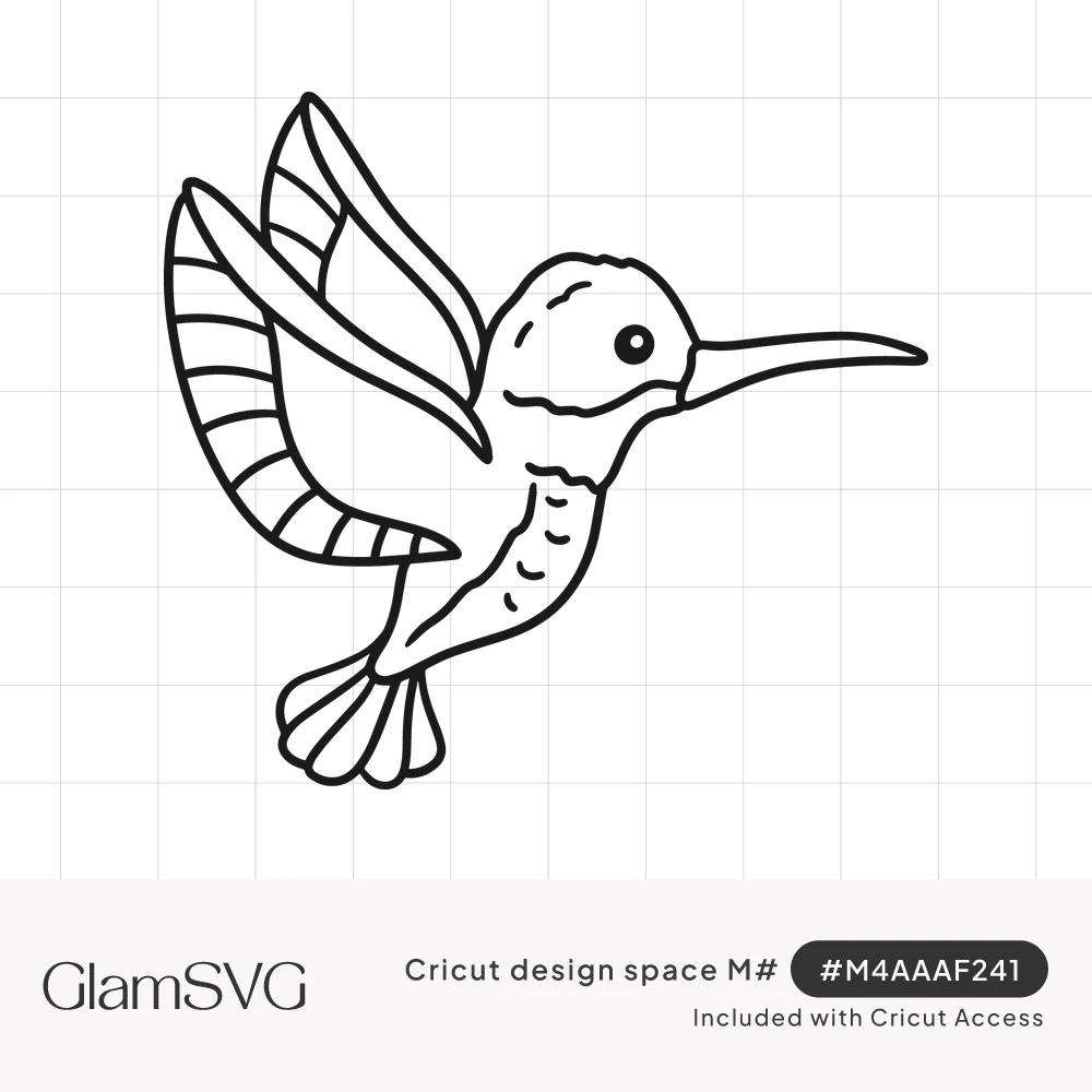 Black line drawing of a hummingbird in flight with raised striped wings, long thin beak and fanned tail