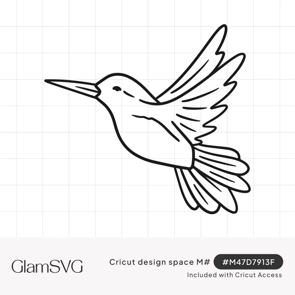 Black outline drawing of a hummingbird in flight with raised wings, fanned tail feathers and a long pointed beak