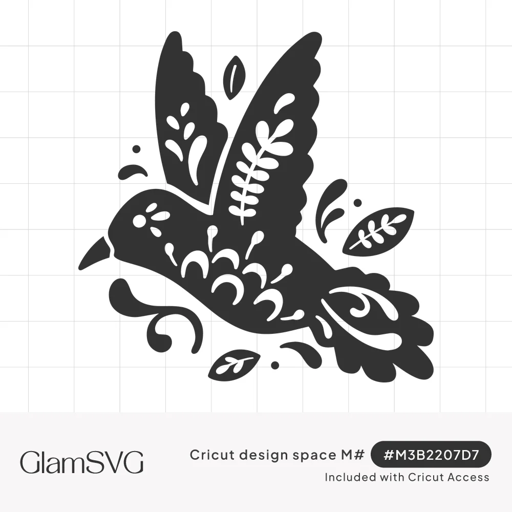 Black folk art hummingbird in flight with decorative leaf, dot and swirl cutouts, surrounded by small floating leaves