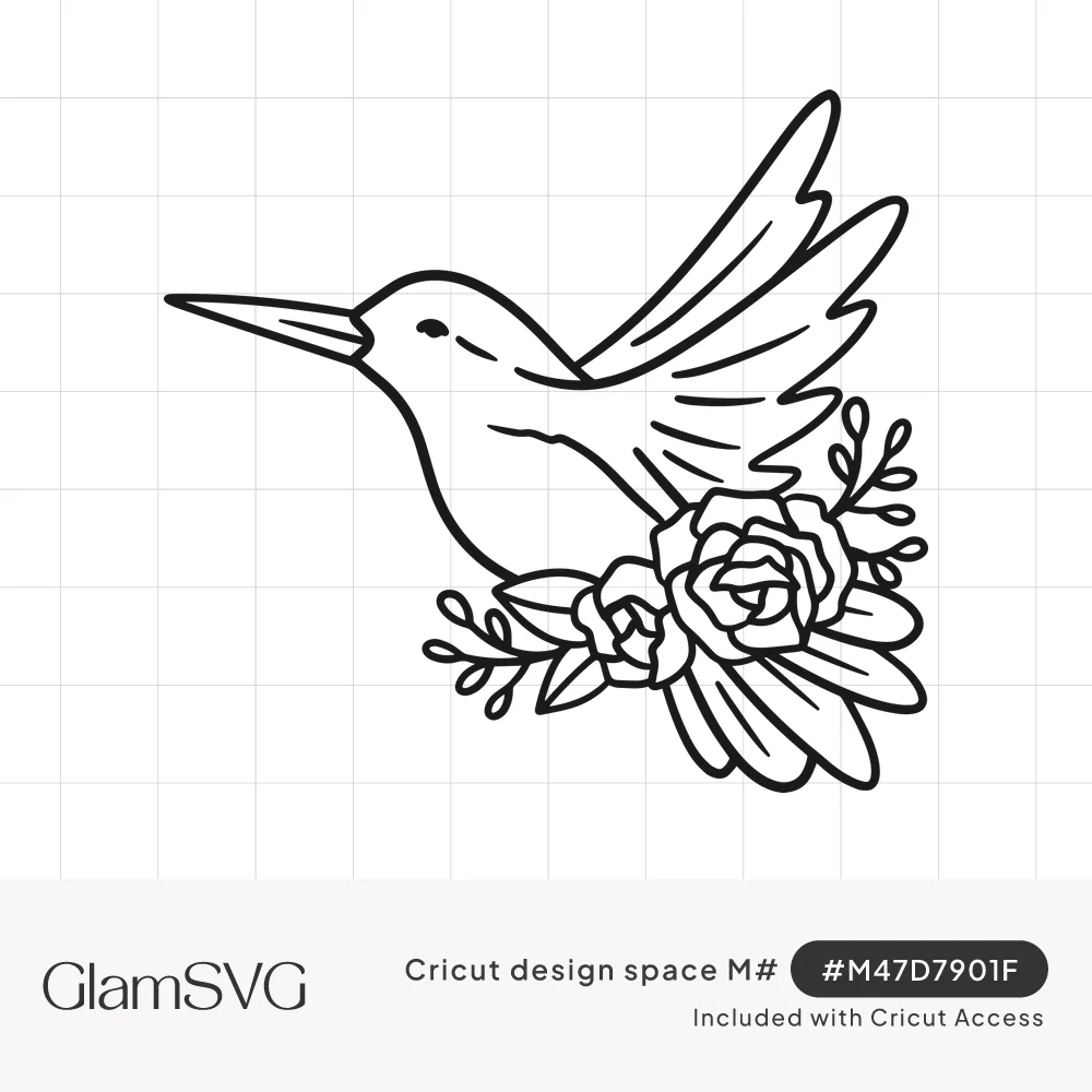 Black line drawing of a hummingbird in flight with wings raised above a cluster of roses, leaves and small sprigs