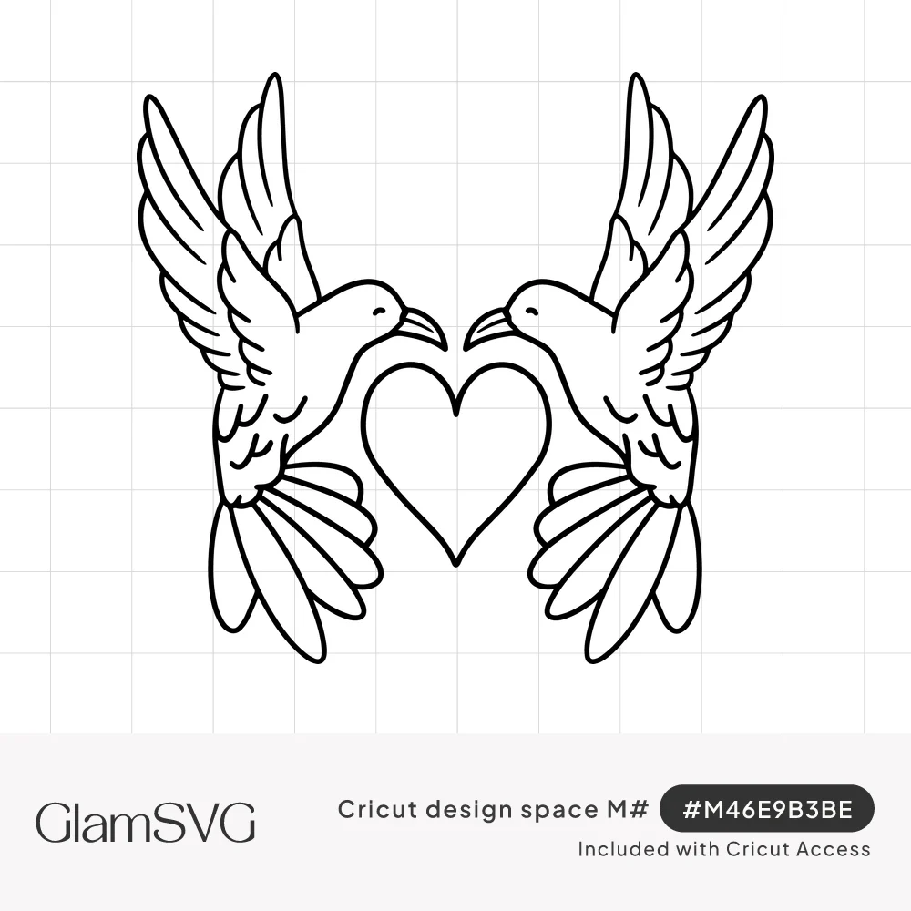 Black outline drawing of two doves with raised wings facing each other over an open heart shape
