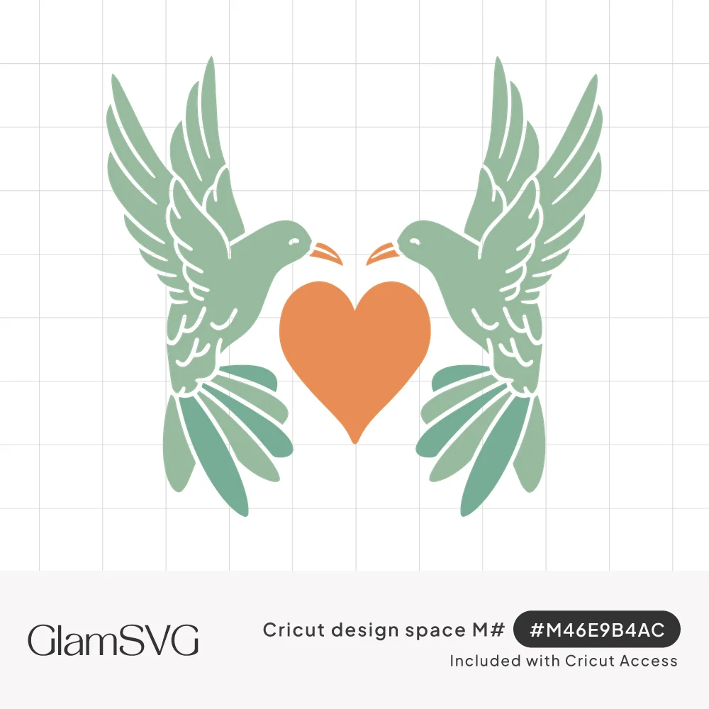Two sage green doves with raised wings facing each other above an orange heart