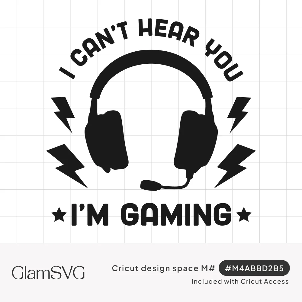 Black gaming headset with microphone and lightning bolts, arched text reading I can't hear you I'm gaming