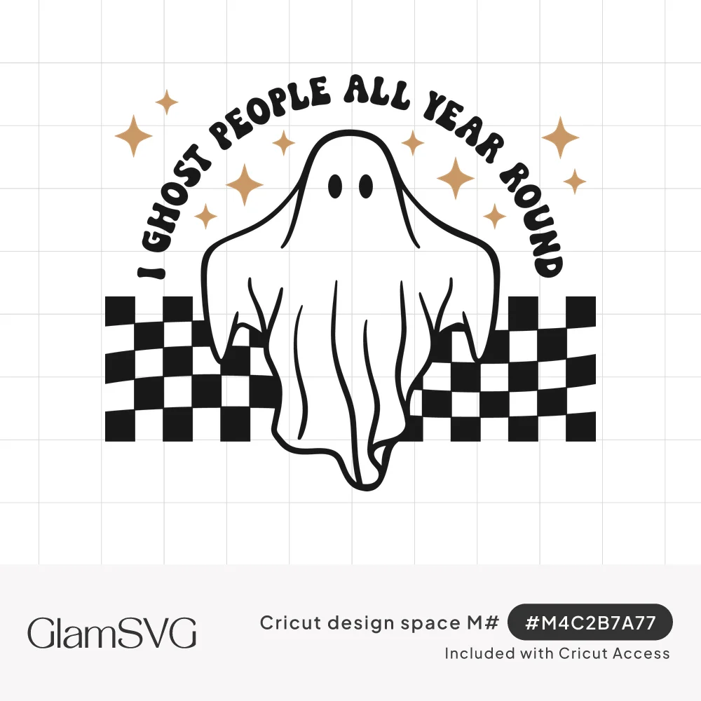Cartoon sheet ghost over a wavy black checkerboard with gold sparkles and arched text I Ghost People All Year Round