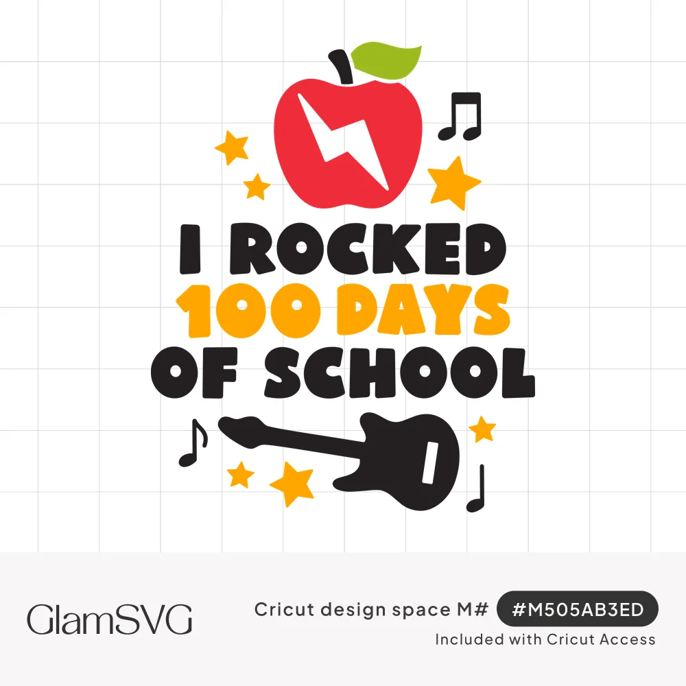 Red apple with lightning bolt, black electric guitar, music notes and yellow stars around text I Rocked 100 Days of School