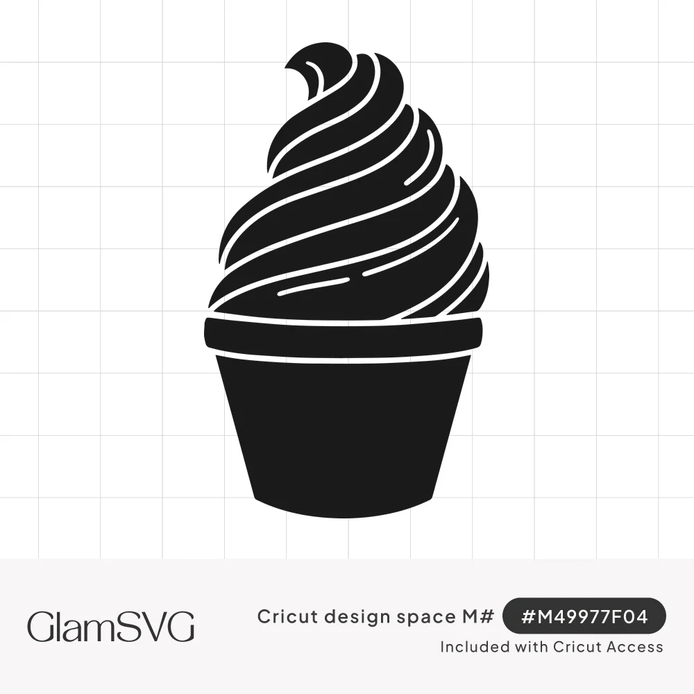 Black silhouette of a swirled soft serve ice cream in a cup with thin white lines marking the swirls