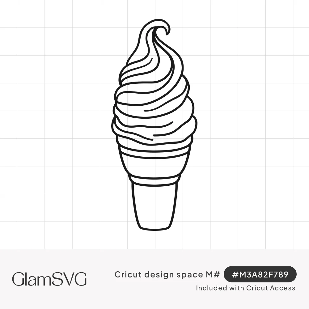 Black line drawing of a swirled soft serve ice cream in a flat-bottomed cake cone