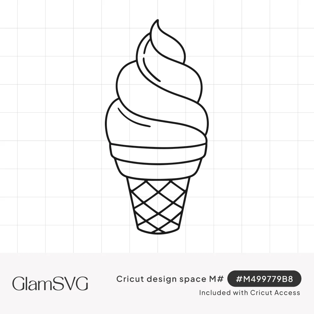 Black outline drawing of a swirled soft serve ice cream cone with a crisscross waffle pattern cone