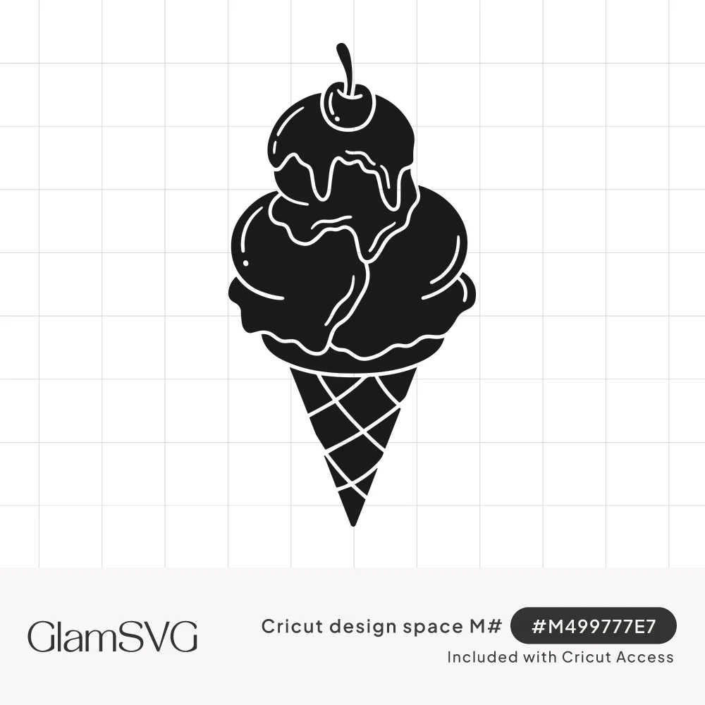 Black silhouette of a triple scoop ice cream cone with dripping sauce, a cherry on top and a waffle cone