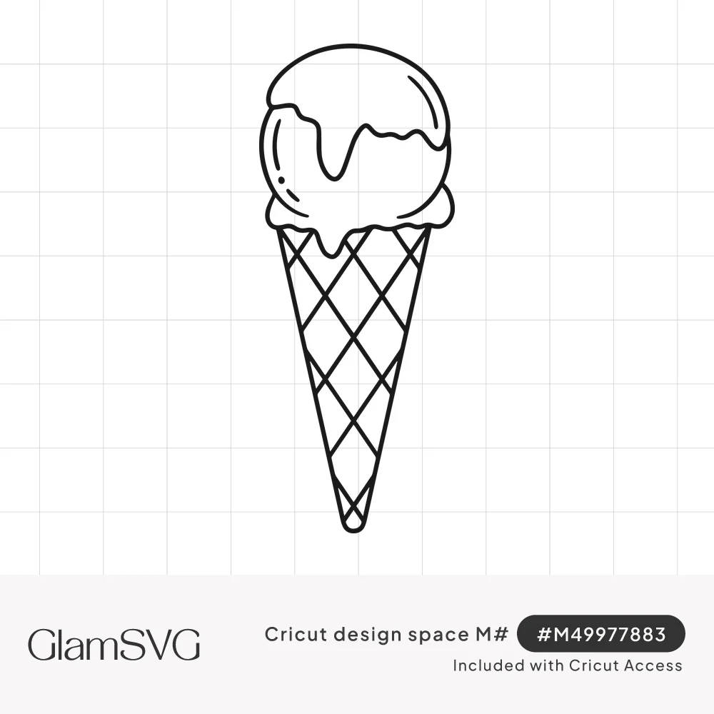 Black outline drawing of an ice cream scoop with melting drips on a crisscross waffle cone
