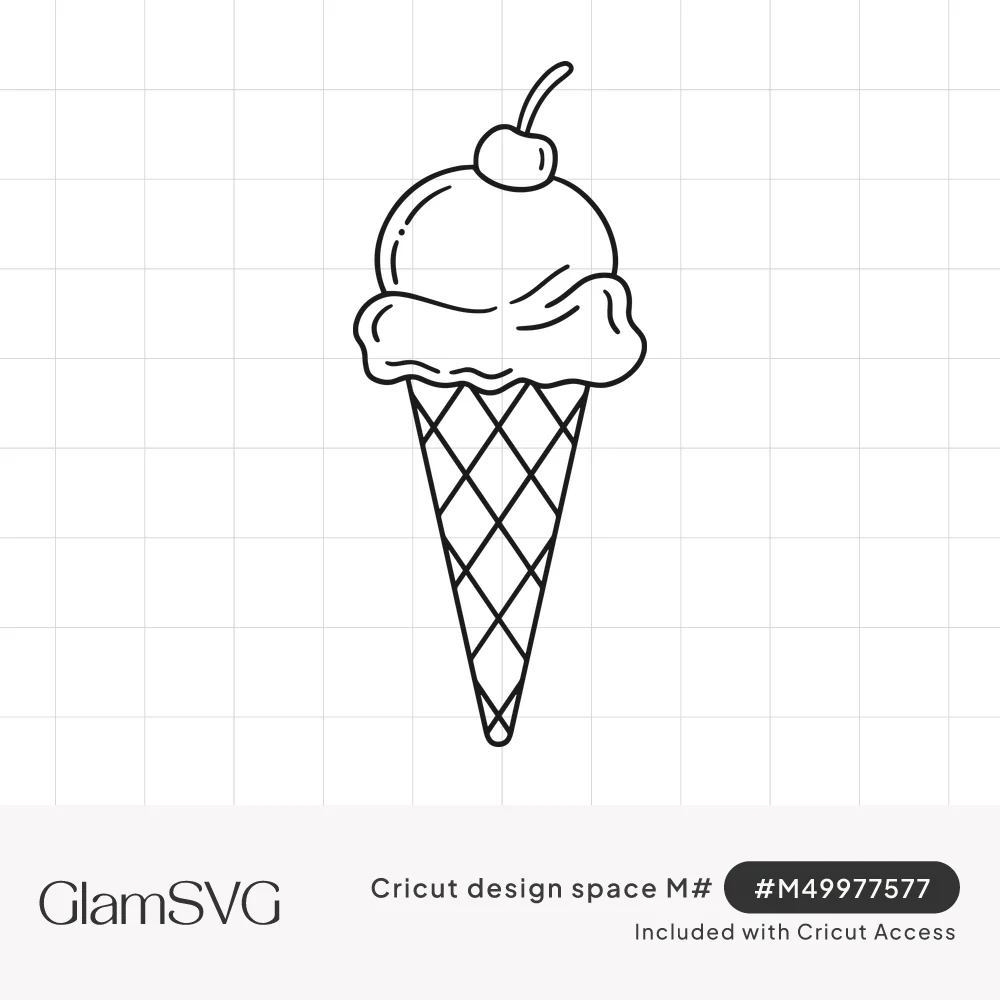 Black outline drawing of a single-scoop ice cream cone with a waffle cone pattern and a cherry on top