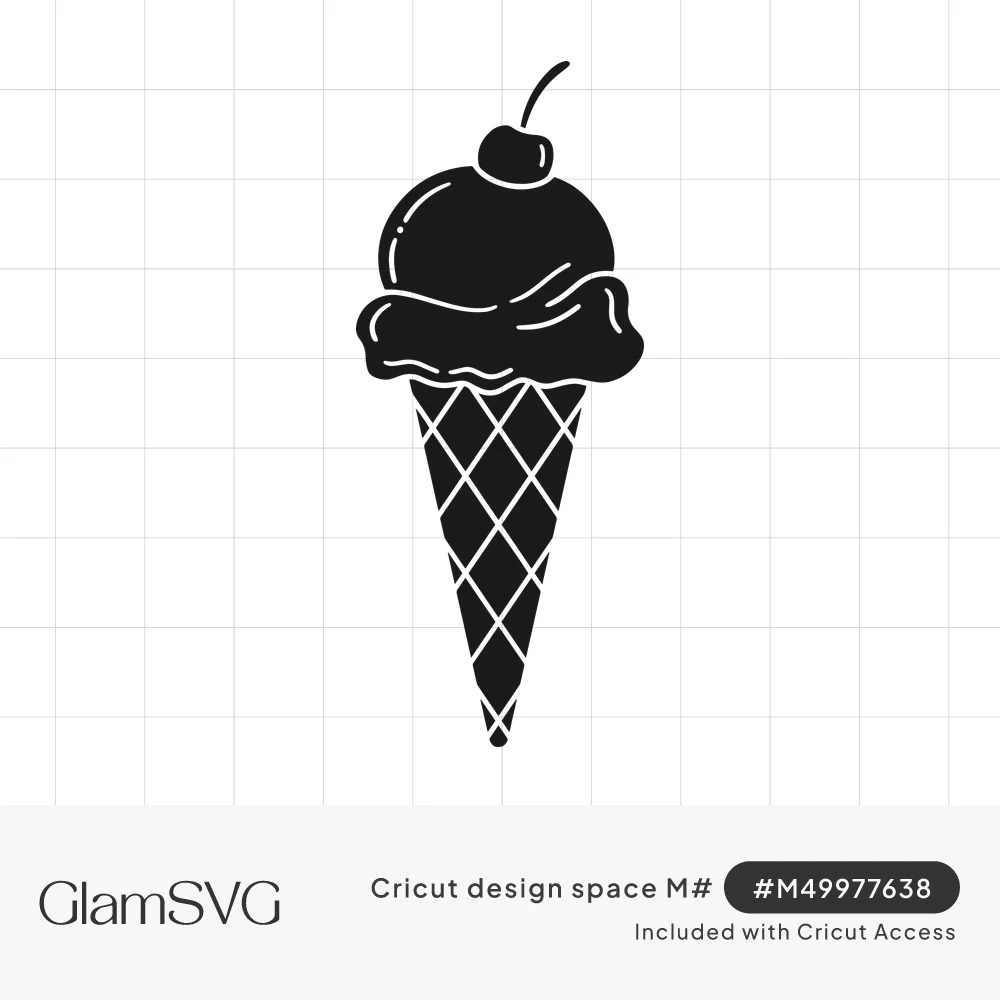 Black silhouette of an ice cream cone with one scoop, a cherry on top, and a crisscross waffle cone pattern