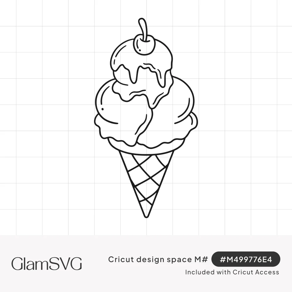 Black line art of a triple scoop ice cream cone with dripping topping, a cherry on top and a waffle cone